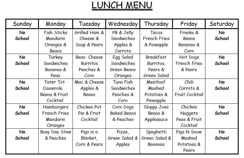 Menu Ideas School Lunch Menu Monthly Menu Daycare Menu - Gambaran